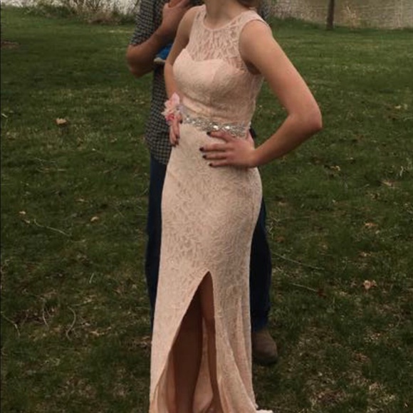 Light Pink Lace Prom Dress with Leg Slit - Picture 2 of 4